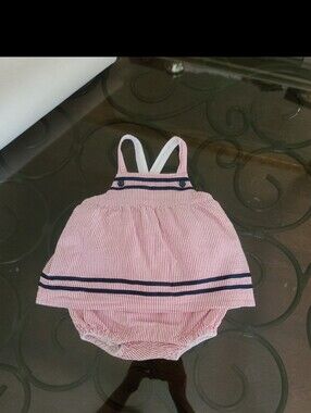 Janie and Jack Baby Girl Romper Pink Striped Baby Romper with Navy Trim